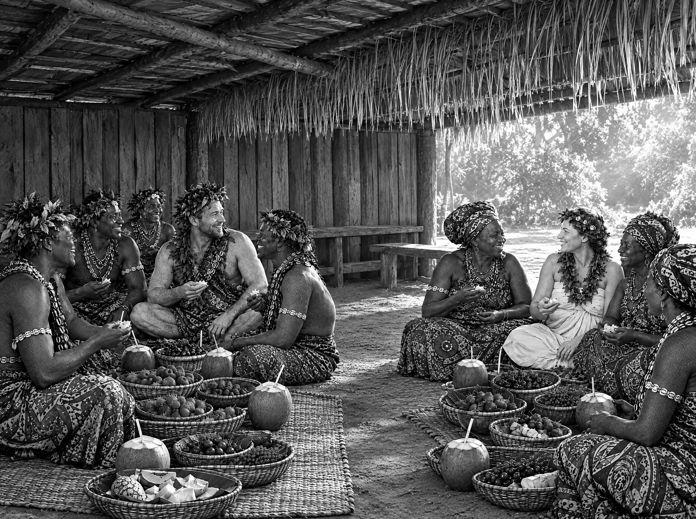 Gravure : le petit déjeuner dans le temple, les hommes mangent avec les hommes, les femmes avec les femmes