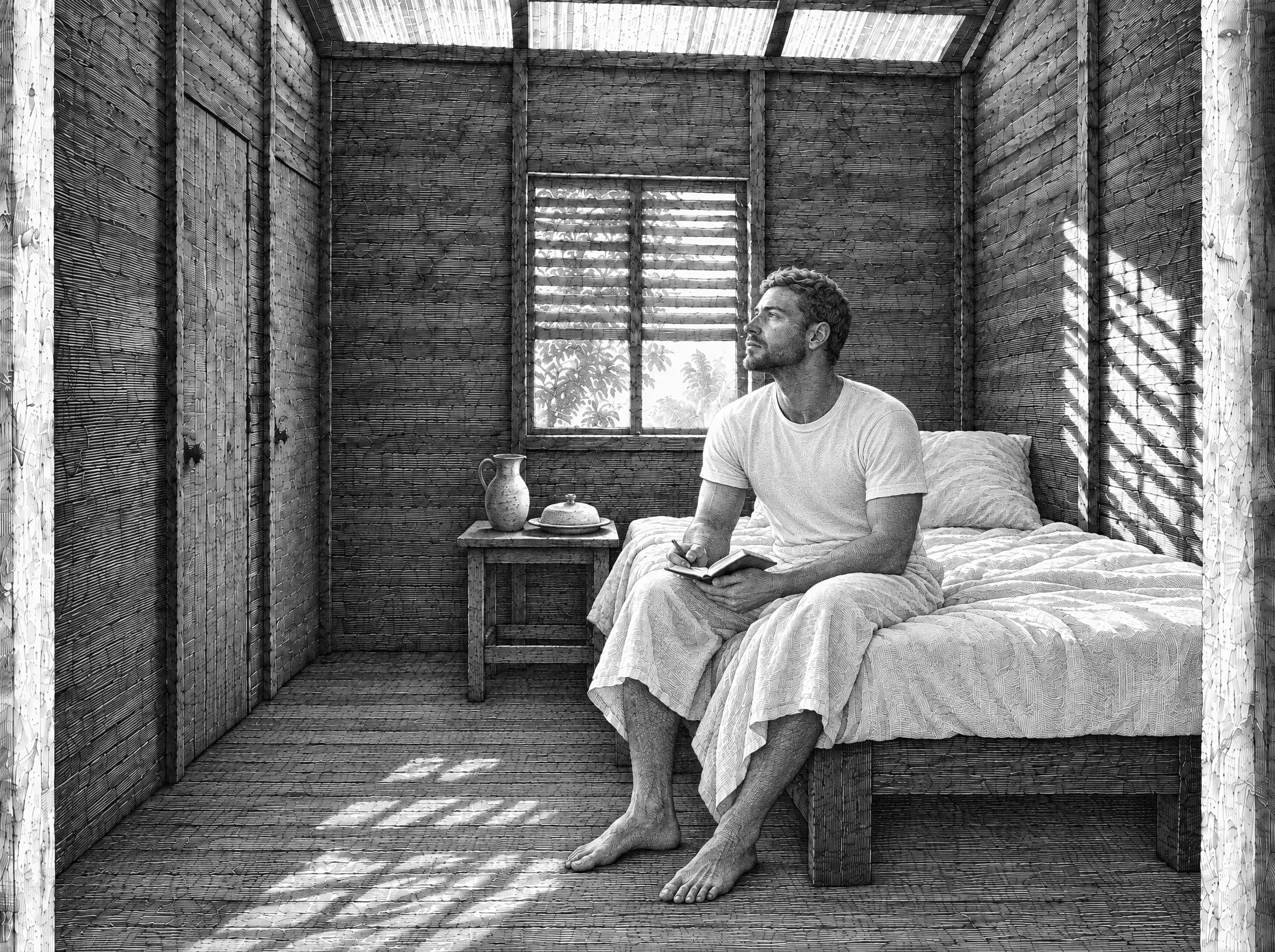 Gravure : journée d’introspection, l’initié songeur dans sa chambre