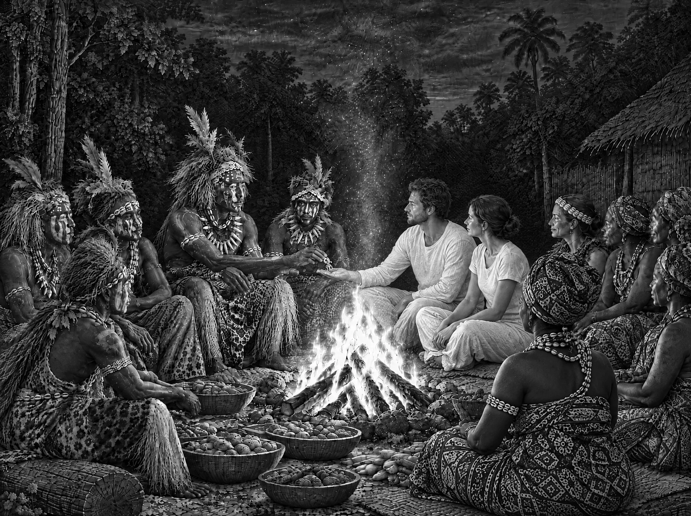Gravure : la veillée autour du feu avec les pères et les mères du Bwiti