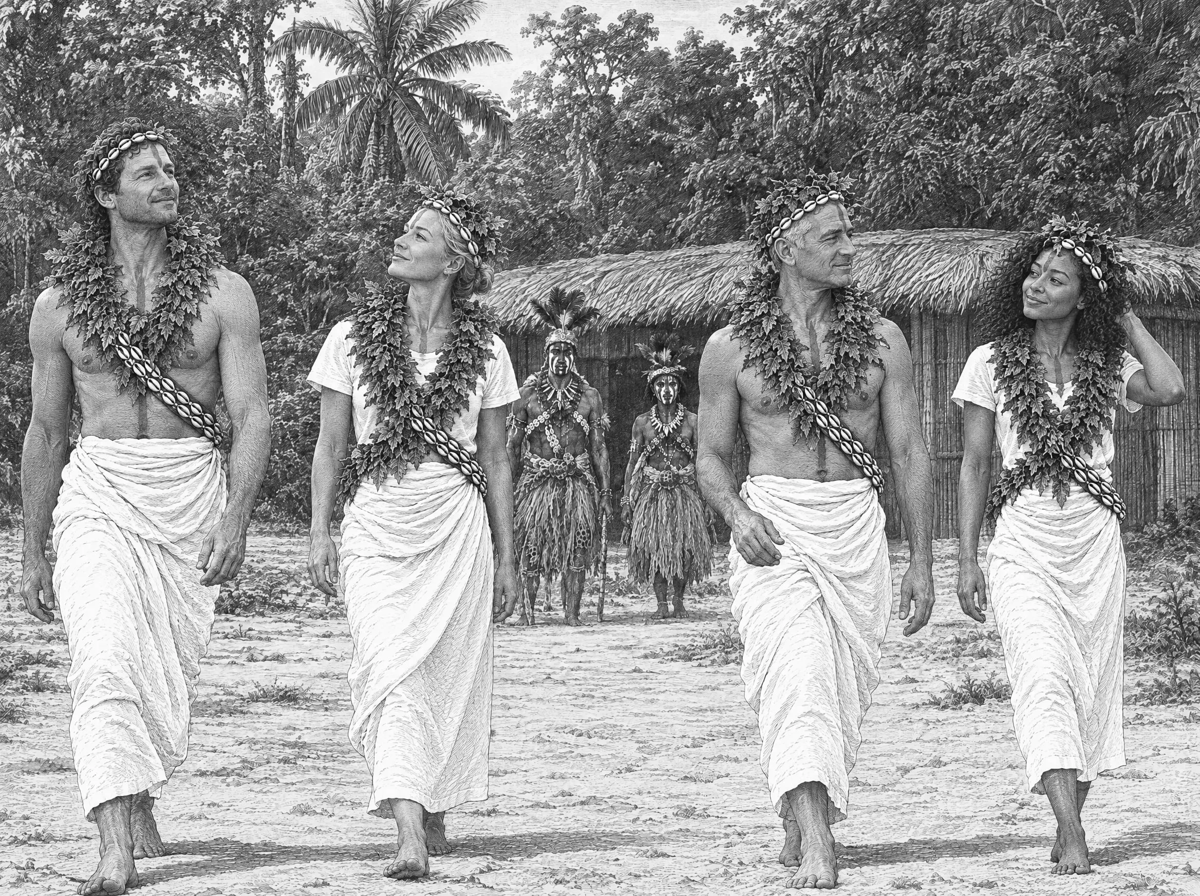 Gravure : au matin de l'initiation, les initiés en tenue Banzi marchent debout sur le Domaine royal, entourés des Ngangas