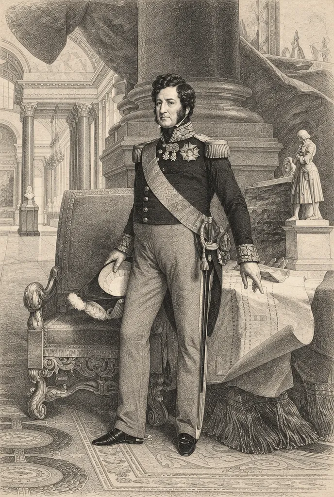 Gravure de Louis-Philippe, roi des Français, en pied, en uniforme