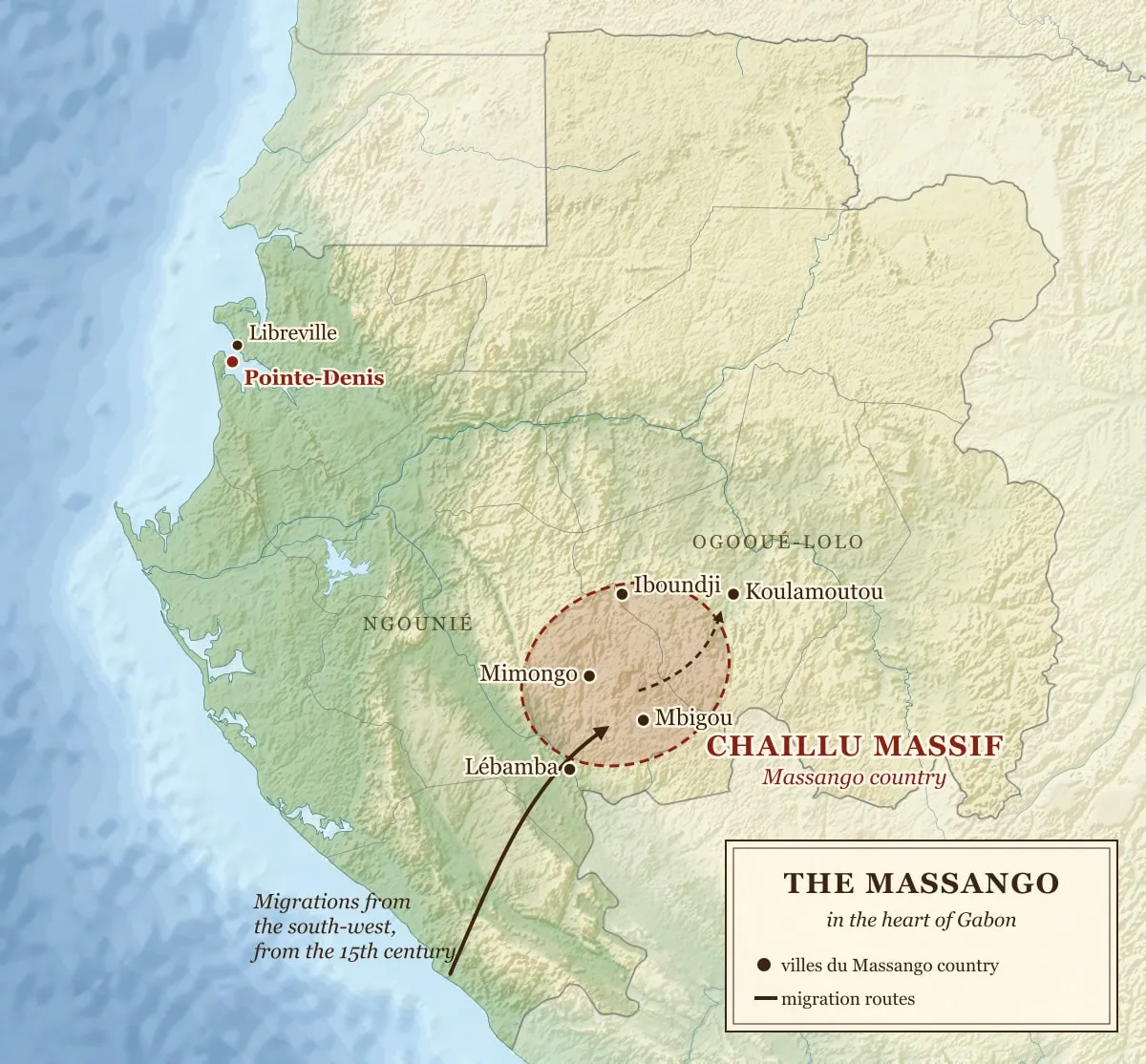 Relief map of Gabon: the Chaillu massif circled in red in the south-centre of the country, with Mimongo, Mbigou, Lébamba, Iboundji and Koulamoutou; an arrow from the south-west climbs towards the massif; Libreville and Pointe-Denis on the estuary