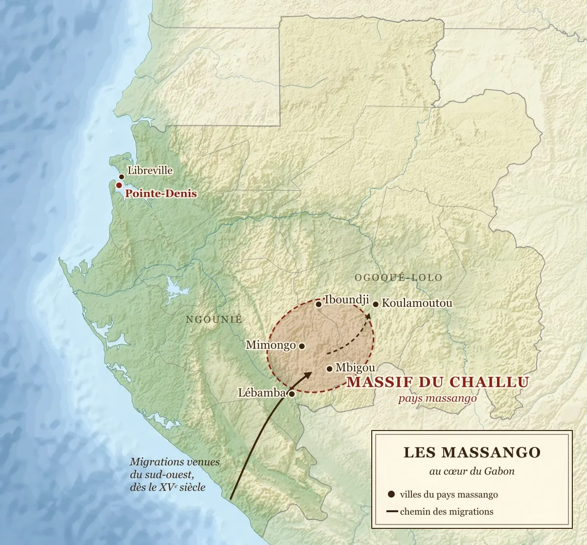 Carte en relief du Gabon : le massif du Chaillu entouré en rouge au centre-sud du pays, avec Mimongo, Mbigou, Lébamba, Iboundji et Koulamoutou ; une flèche venue du sud-ouest remonte vers le massif ; Libreville et la Pointe-Denis au bord de l'estuaire