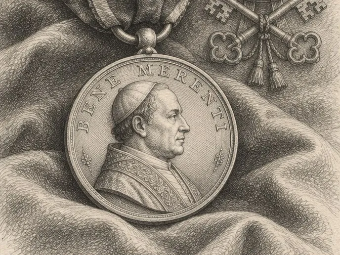 Gravure de la médaille « Bene merenti » à l'effigie du pape Grégoire XVI, suspendue à son ruban, devant la tiare et les clefs de saint Pierre