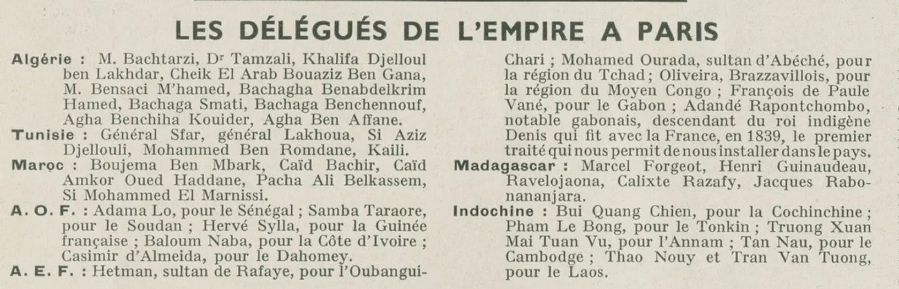 Coupure du Monde colonial illustré, 1939 : « Les délégués de l'Empire à Paris », liste par territoire où figure Adandé Rapontchombo pour l'A.E.F.