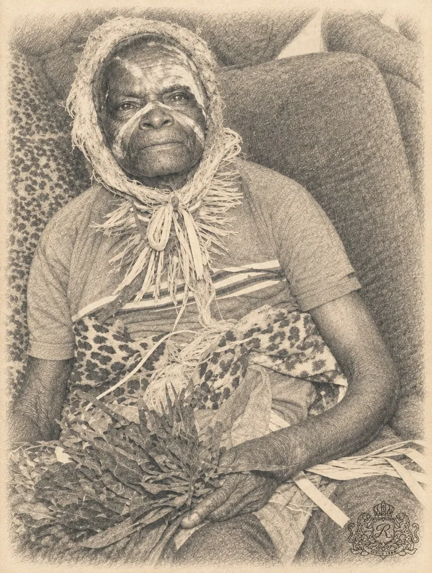 Gravure : Moussavou Mabounda Dessayo, dit Doubila, assis, le visage marqué de kaolin blanc, capuche et collier de raphia, pagne à motif léopard, une gerbe de feuilles sur les genoux