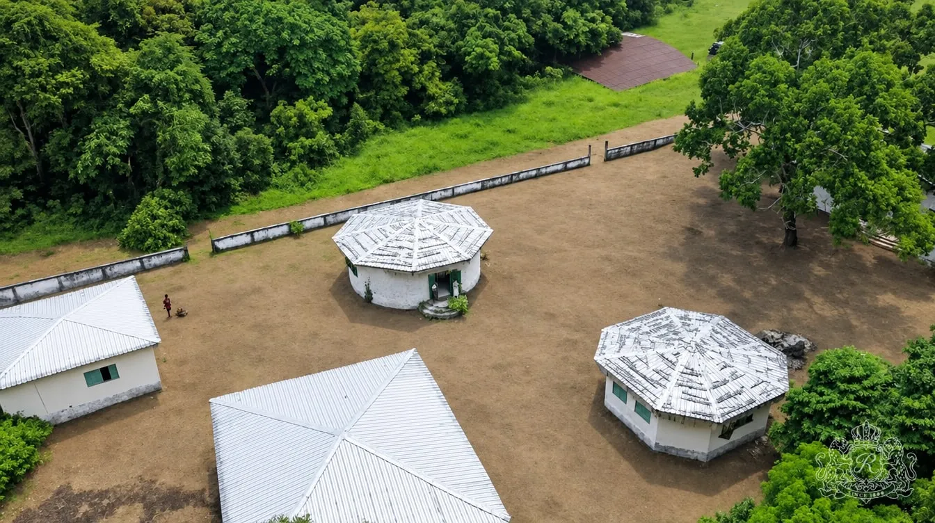 Vue aérienne rapprochée des cases rondes blanches du musée, dans leur enceinte
