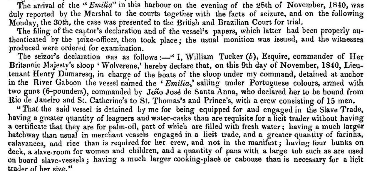 Extrait imprimé de 1841 : déclaration du commandant Tucker sur la saisie du brigantin Emilia dans le fleuve Gabon, le 9 novembre 1840