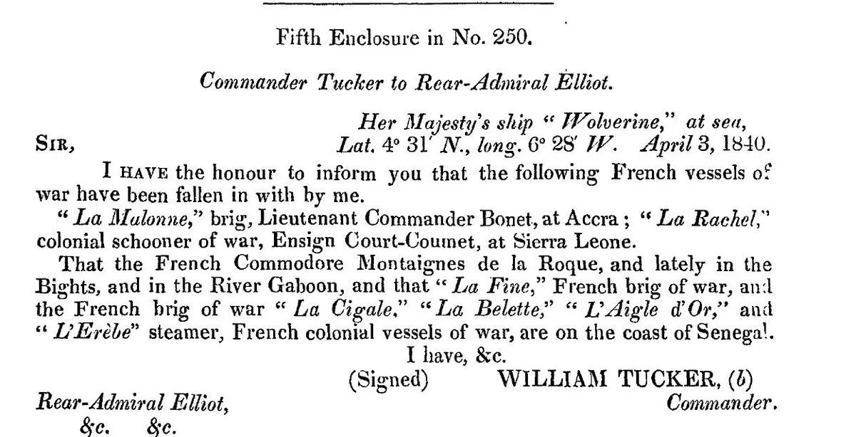 Extrait imprimé de 1841 : lettre du commandant Tucker du 3 avril 1840 signalant les navires de guerre français rencontrés, dont La Malonne, brick du lieutenant Bonet, à Accra