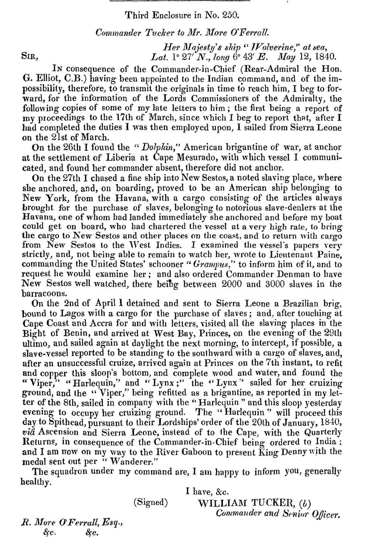 Page imprimée de 1841 : lettre du commandant Tucker datée du HMS Wolverine en mer, 12 mai 1840