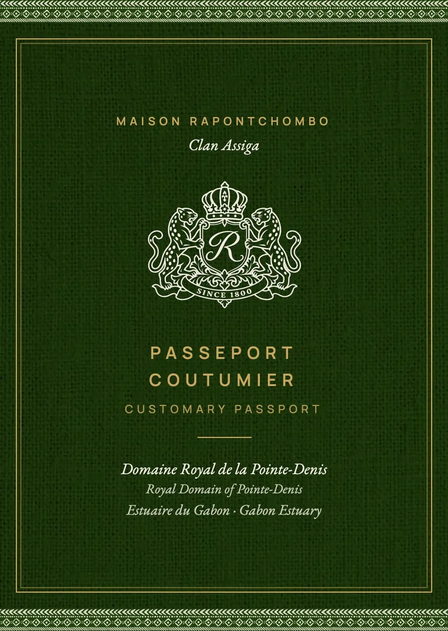 Couverture du passeport coutumier : lin vert, blason de la Maison Rapontchombo, clan Assiga, Pointe-Denis