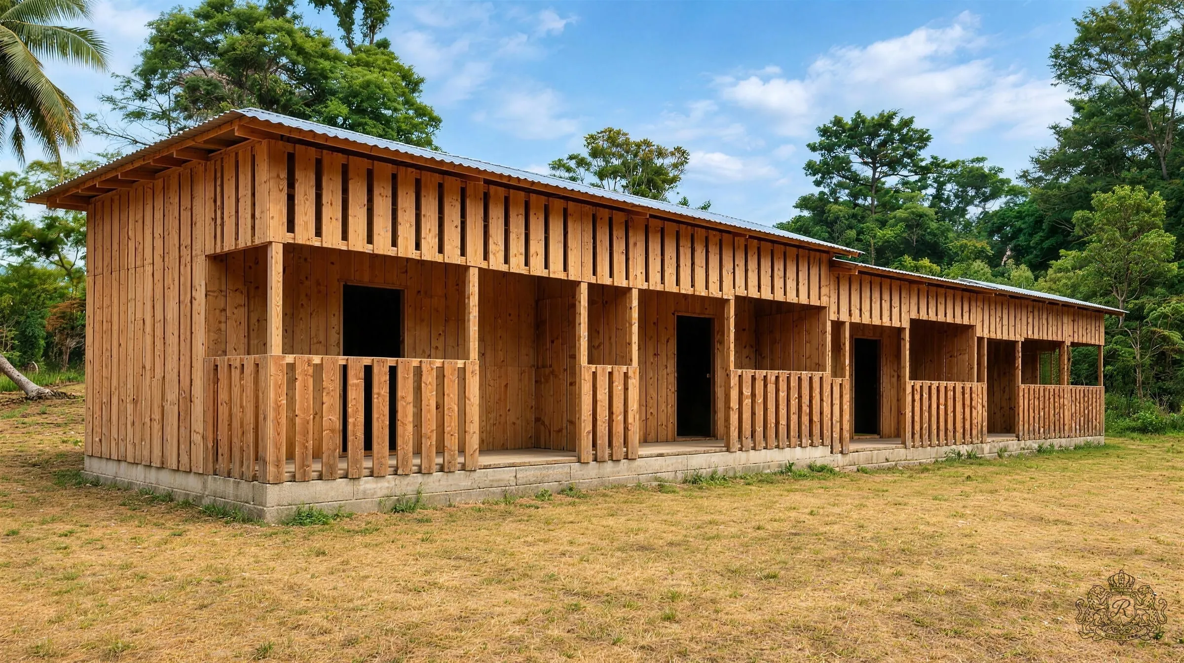 Le pavillon des chambres vu de trois quarts : longue façade de planches claires, véranda à balustrade de bois, toit de tôle, forêt tropicale en arrière-plan