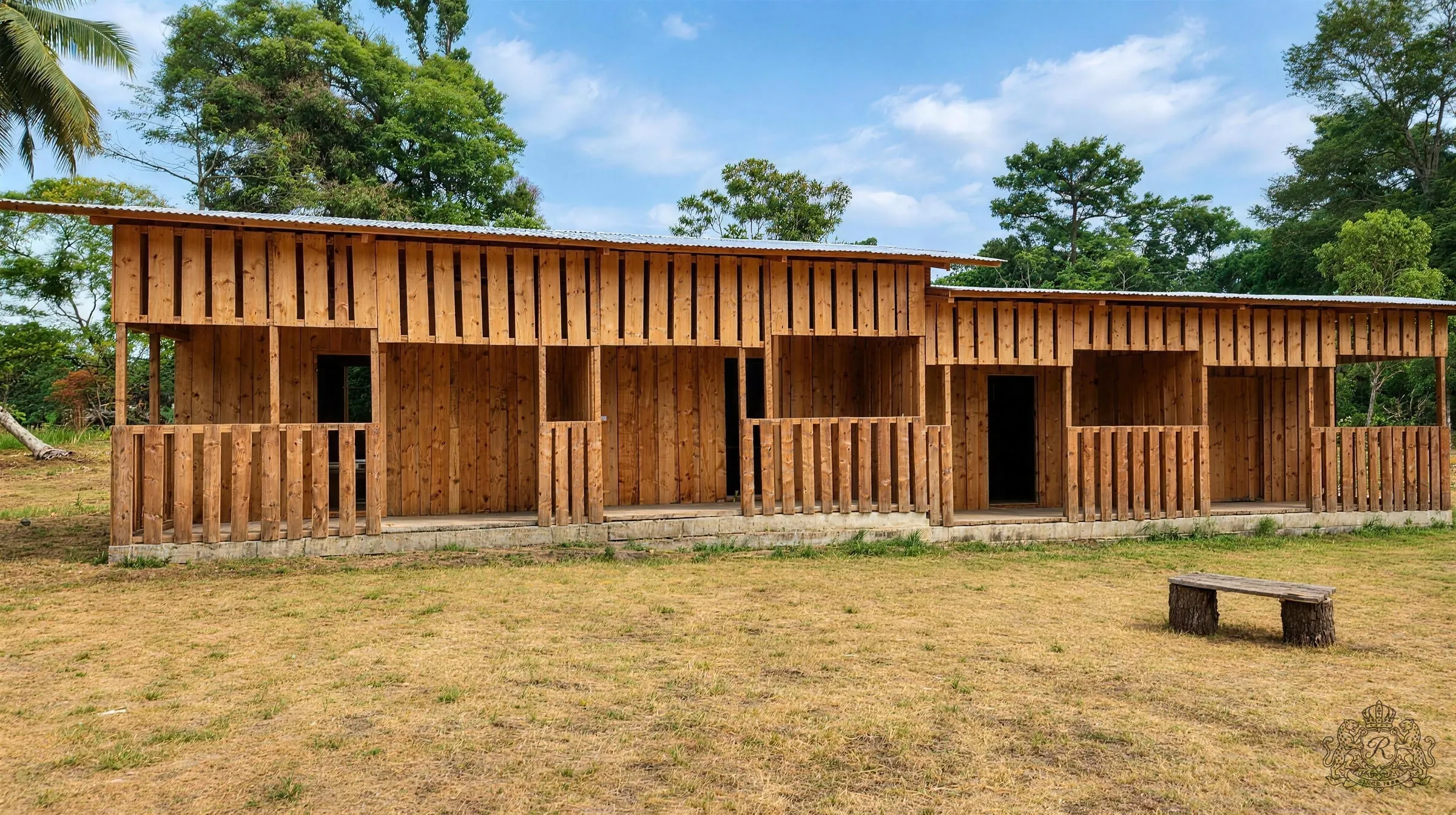 Le pavillon des chambres, bâti en bois à la lisière de la forêt
