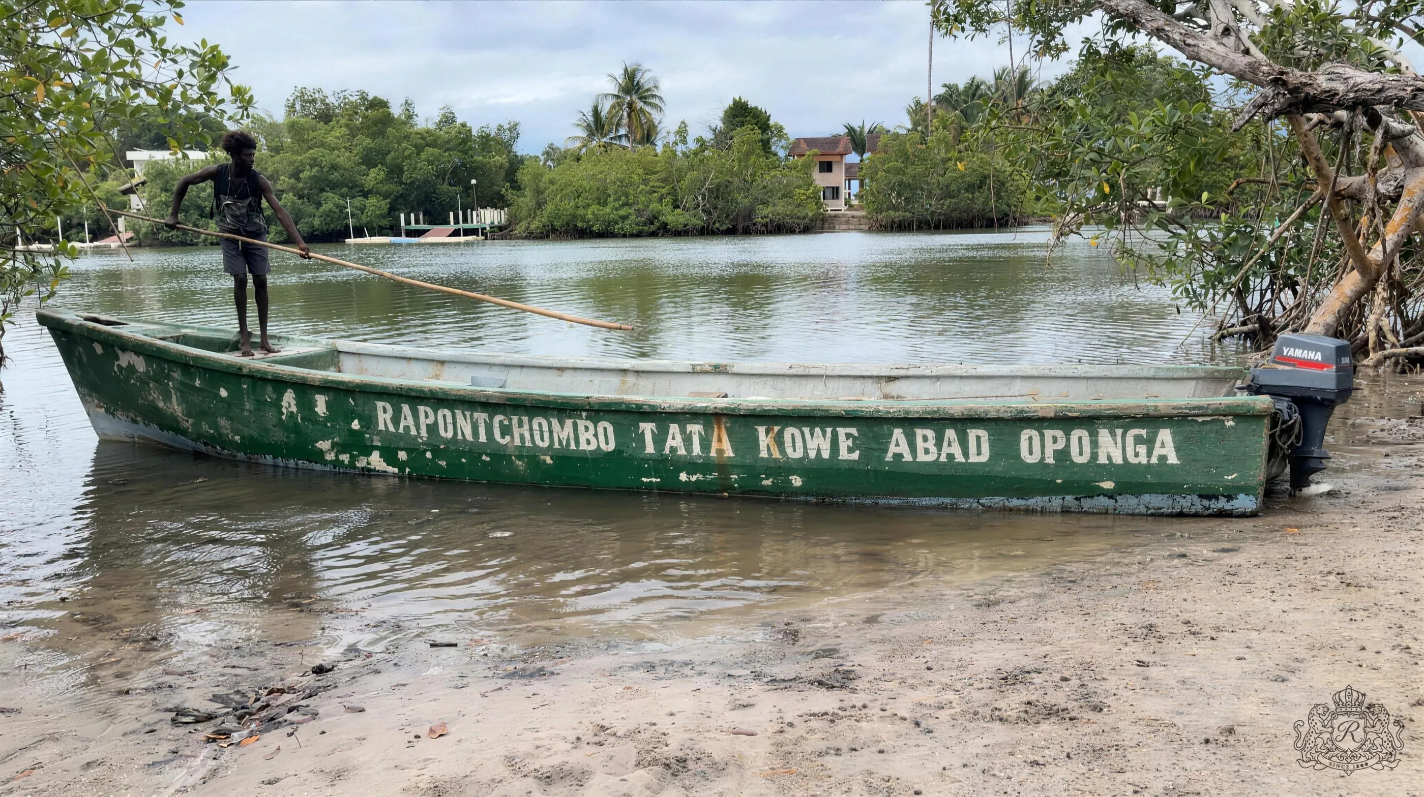 La pirogue Rapontchombo Tata Kowe Abad Oponga échouée sur la rive, le batelier debout à l’arrière avec sa longue perche