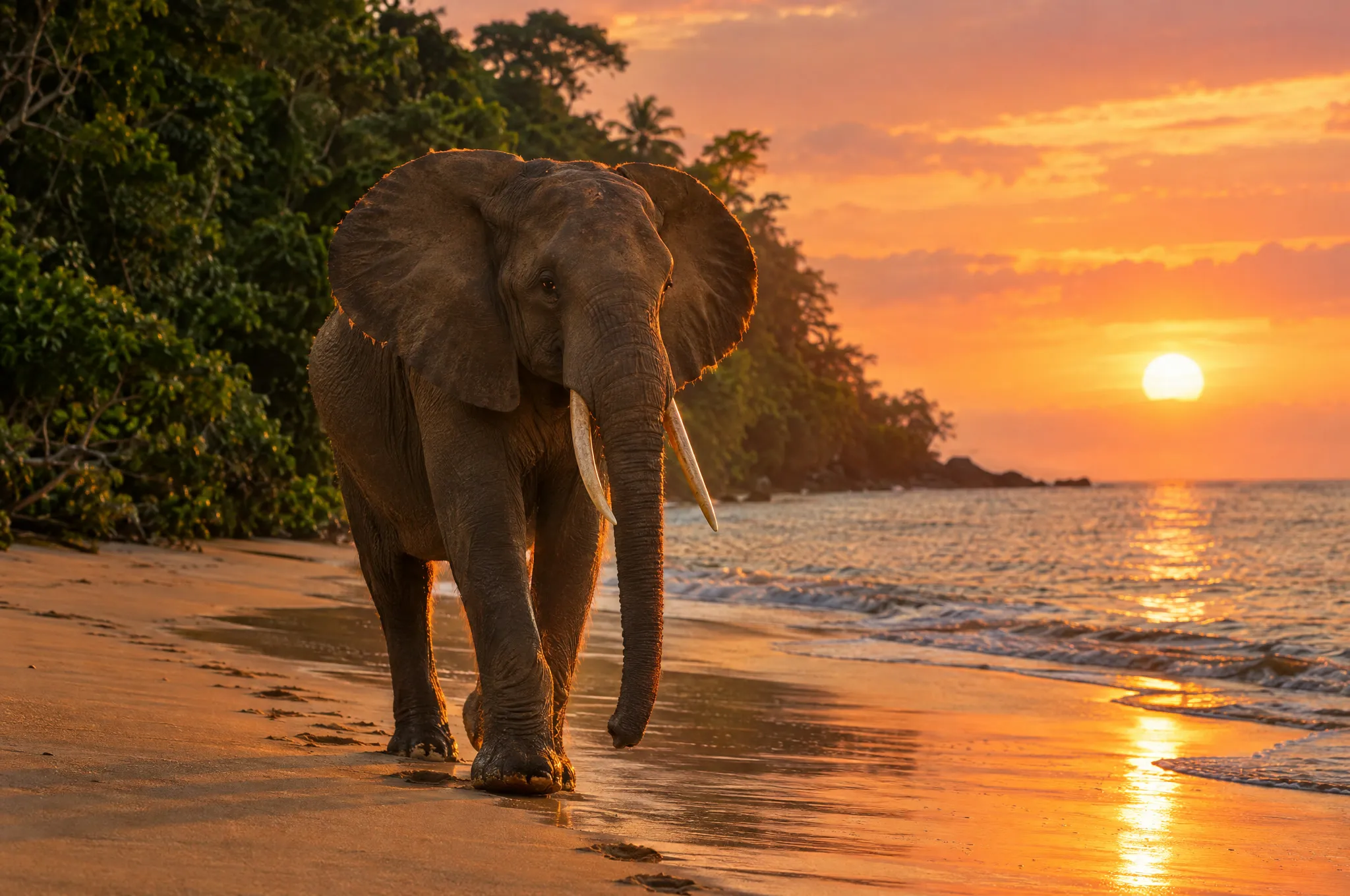 Un éléphant de forêt marche sur une plage de Pongara au coucher du soleil, entre la forêt et l’océan