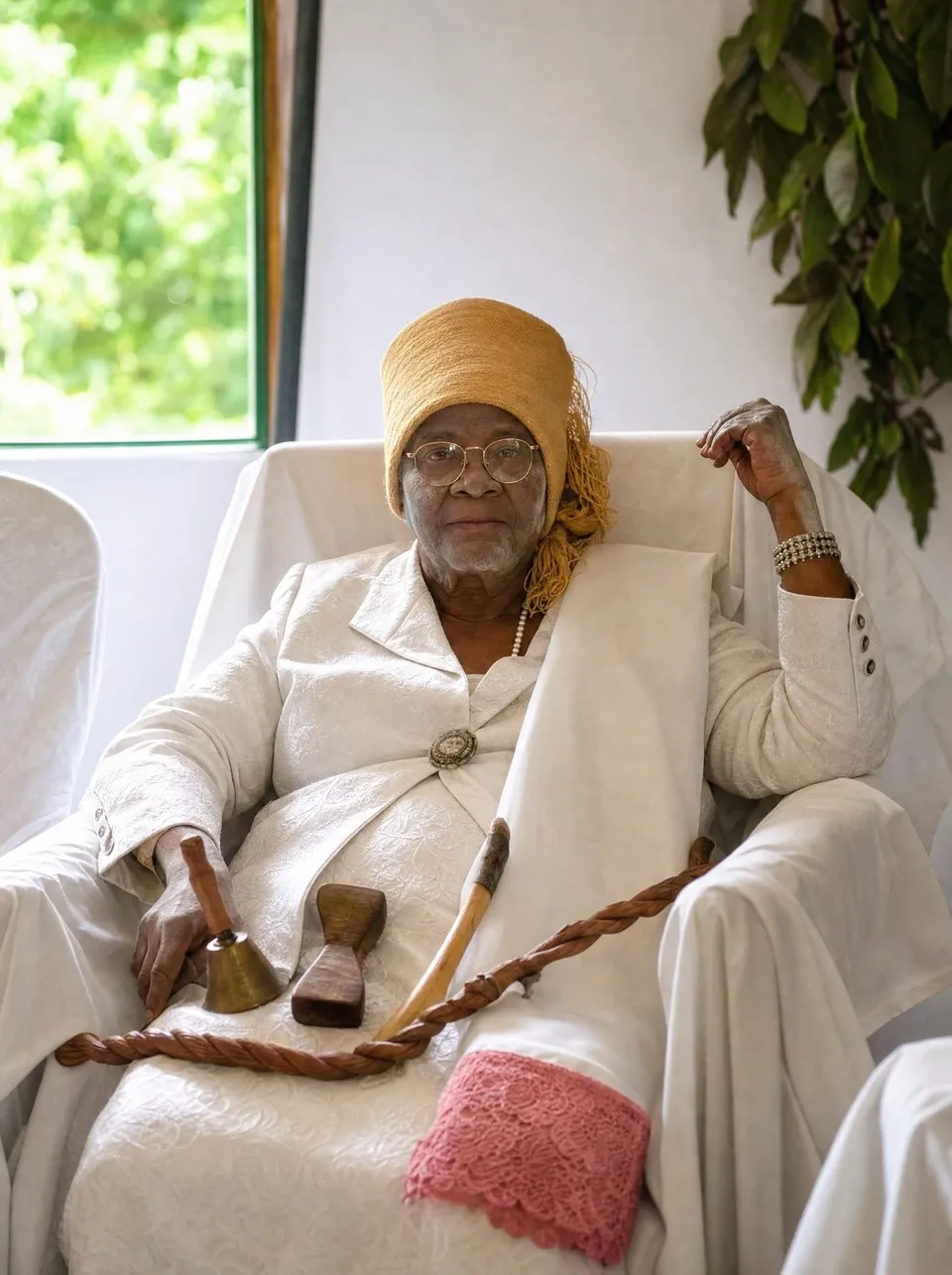 Marie-Anne Ankombie Rapontchombo, de face en tenue de cérémonie blanche, clochette rituelle en main