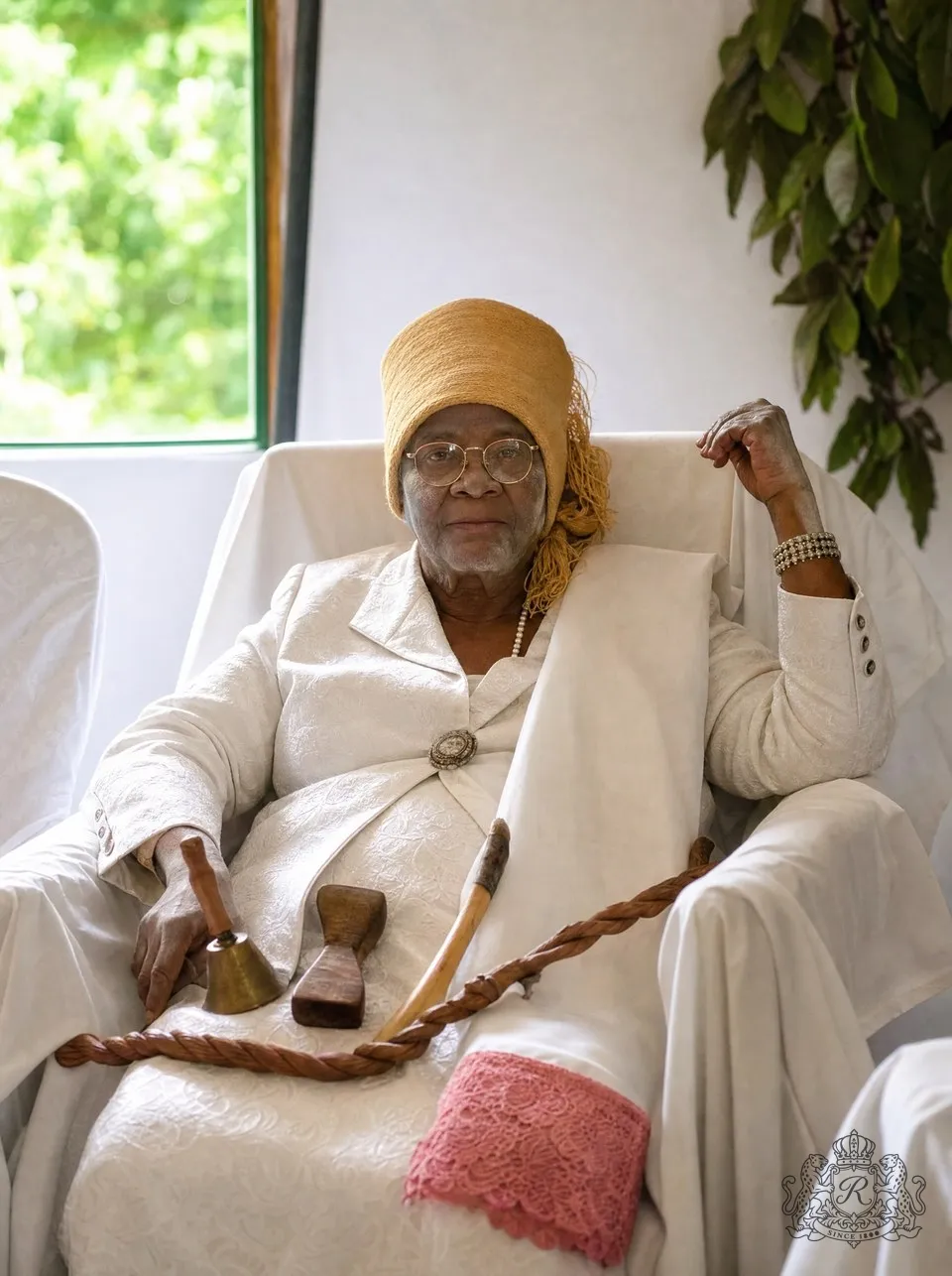Marie-Anne Ankombie Rapontchombo en tenue de cérémonie blanche