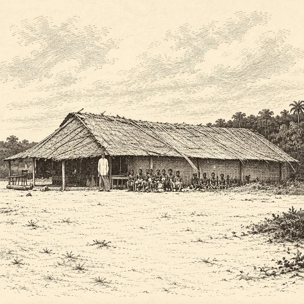 Gravure du temple Bwiti du roi Denis à la Pointe-Denis, d’après une photographie de 1862