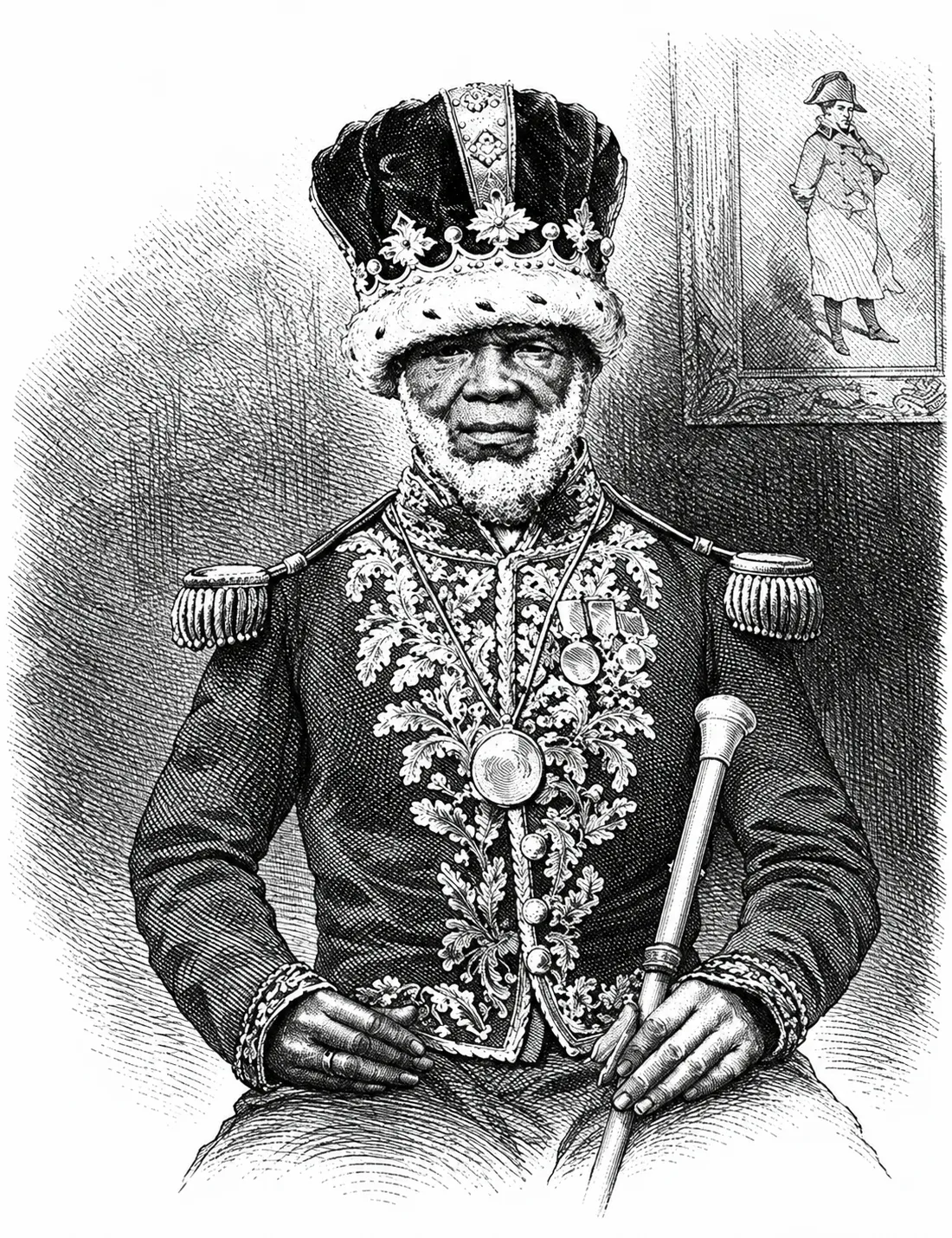 Gravure du roi Denis Rapontchombo en uniforme d'apparat, couronne sur la tête