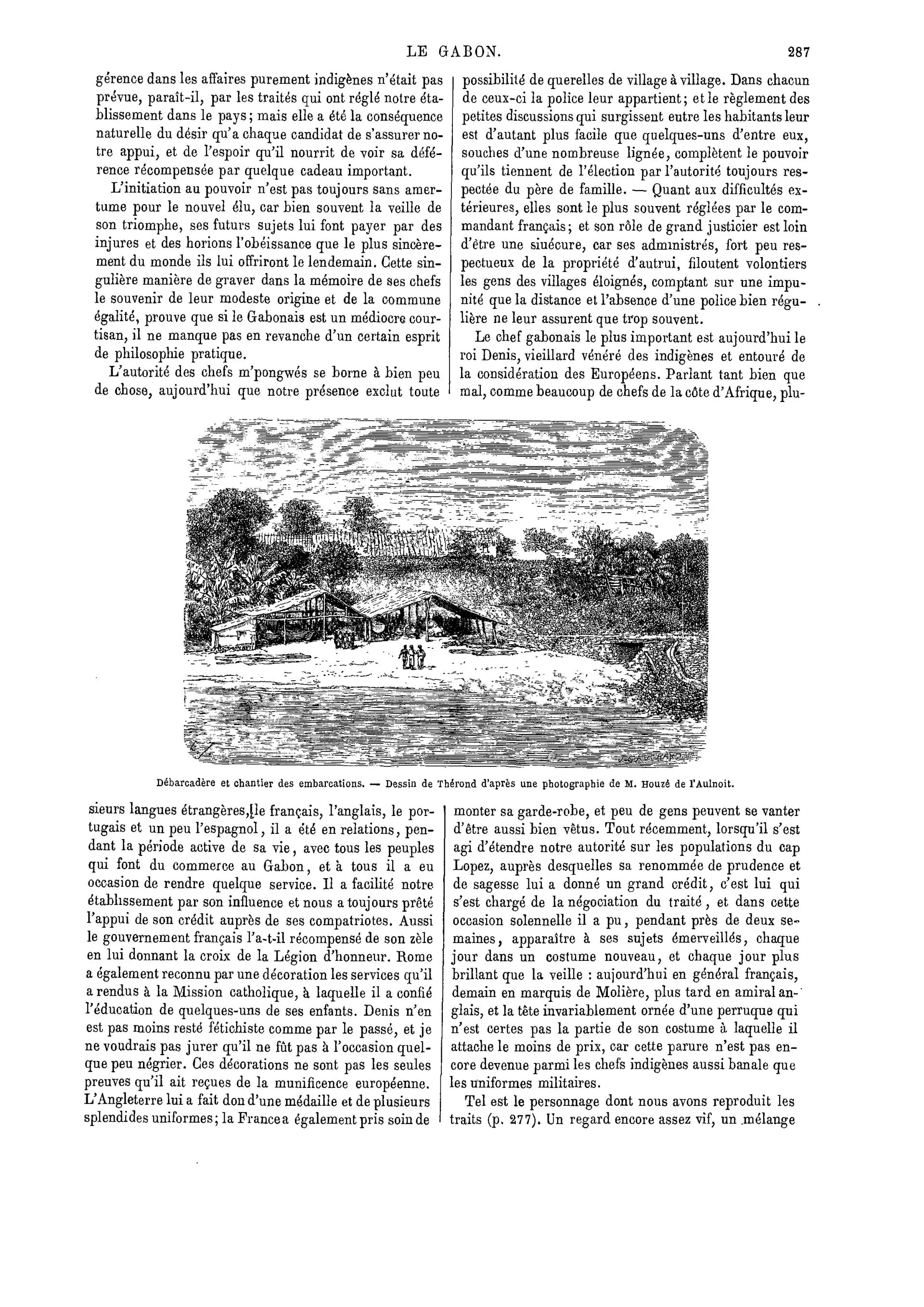 Page imprimée du Tour du Monde de 1865, avec la gravure du débarcadère et le texte sur le roi Denis