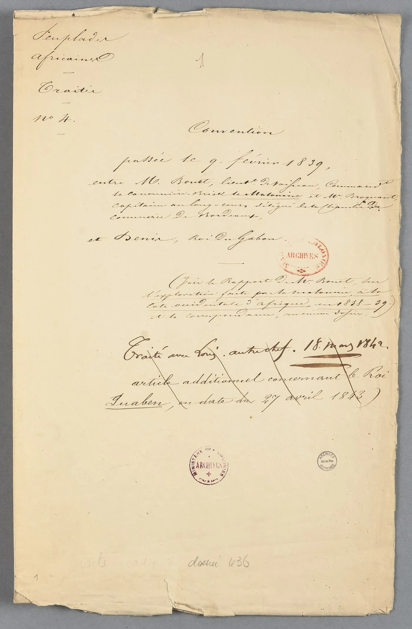 La chemise du dossier des archives : Peuplades africaines, Traités n° 4, convention du 9 février 1839