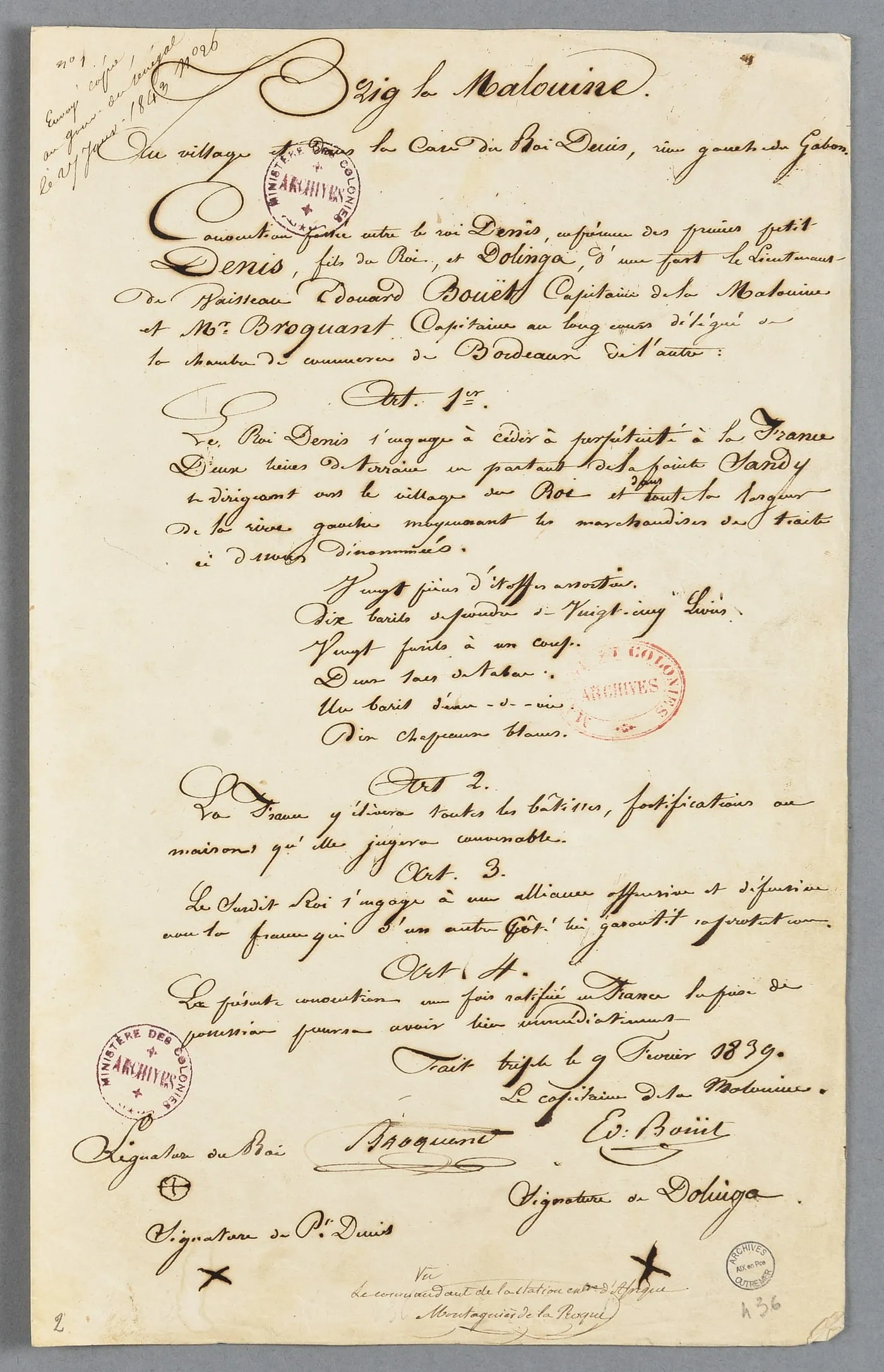 L’original manuscrit de la convention du 9 février 1839, avec la croix cerclée du roi et les signatures