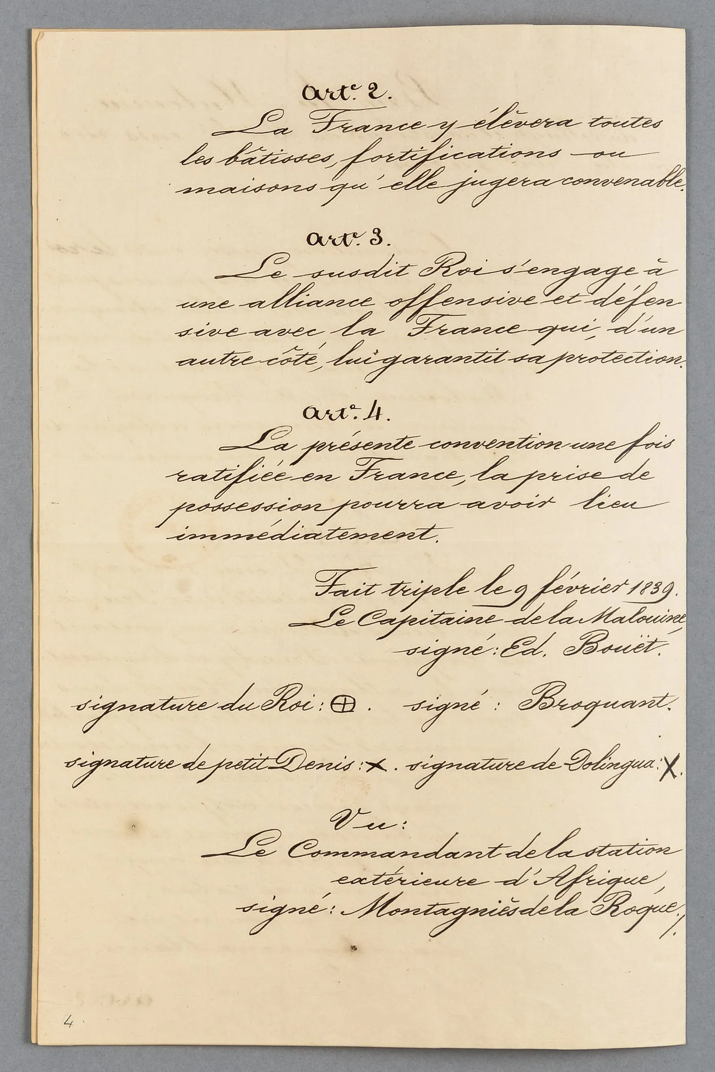 Copie calligraphiée de la convention, seconde page, avec la mention Fait triple et les signatures