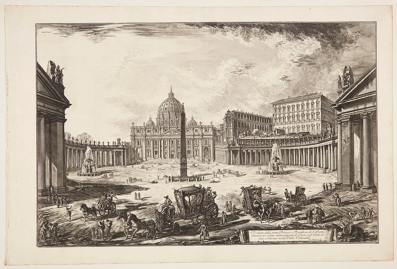 Engraving by Piranesi: Saint Peter’s Square with its colonnade, the obelisk, the fountains and the basilica, bustling with carriages and passers-by